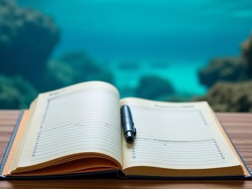 Open dive log book with pen overlooking a serene underwater scene