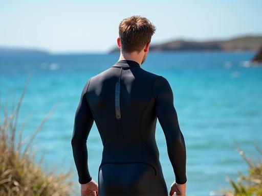 Person wearing a wetsuit standing by the ocean, ready to dive